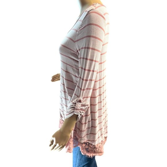 (6 for $25) Hippie Rose Long Sleeve Lace Trim Striped Top Size M - Picture 2 of 5